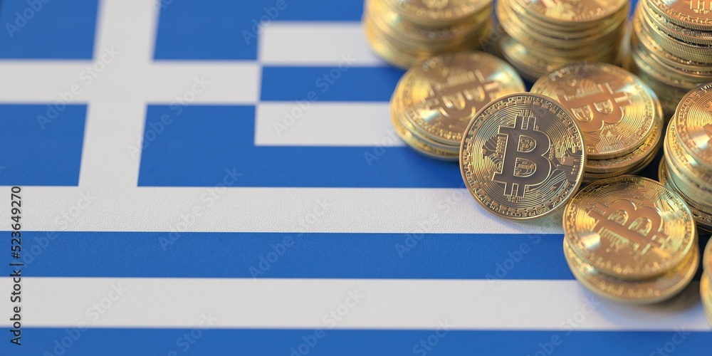 Many bitcoins and national flag of Greece, cryptocurrency laws related conceptual 3d rendering