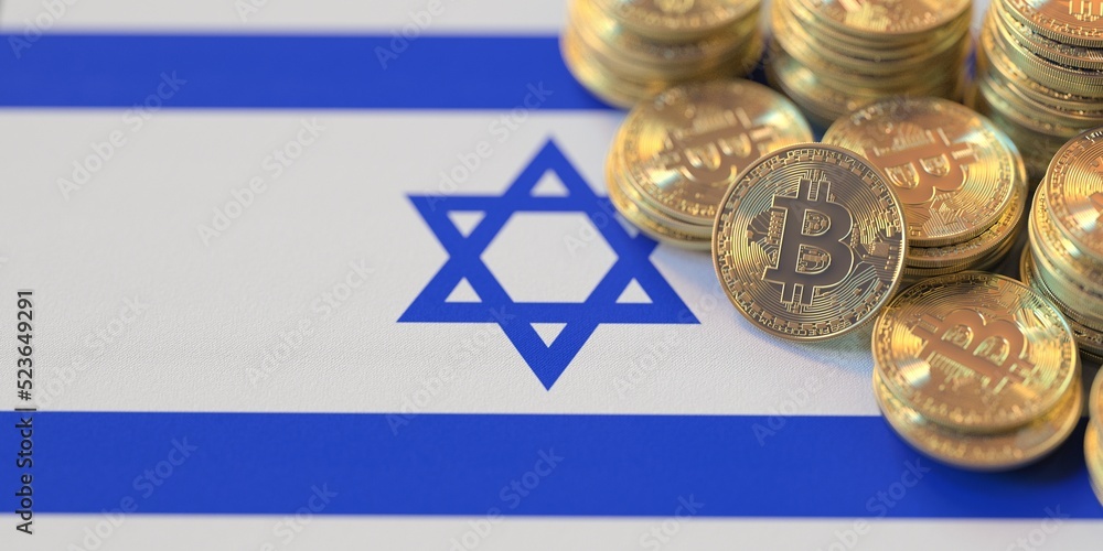 Pile of bitcoins and flag of Israel. National cryptocurrency regulations conceptual 3d rendering
