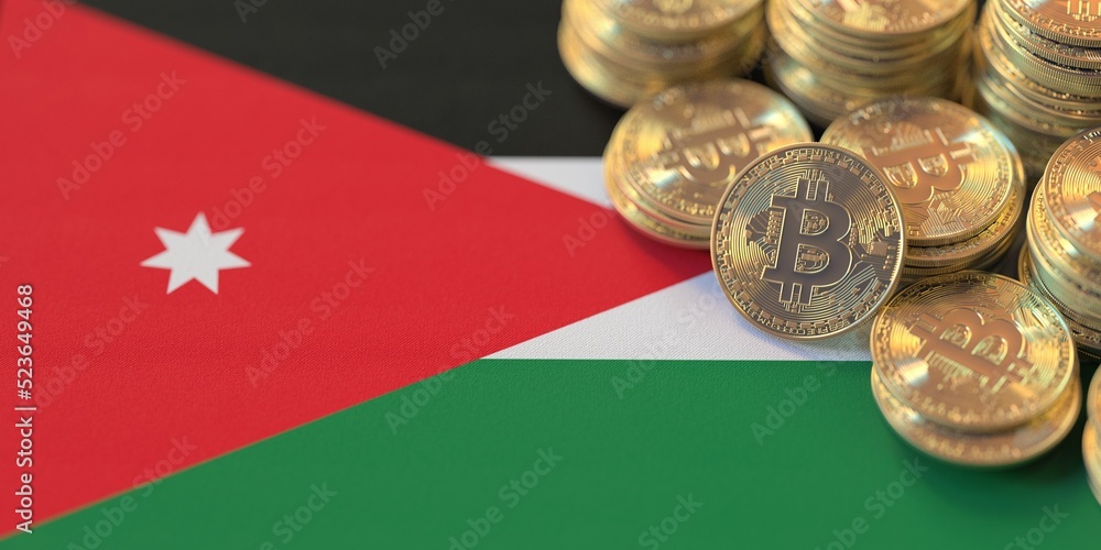 Many bitcoins and national flag of Jordan, cryptocurrency laws related conceptual 3d rendering