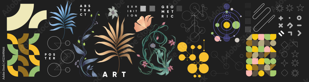 Geometric objects, tropical plants. Set of elements for design. Vector illustrations. Bauhaus style and floral elements. Vintage abstract paint, great design for any purposes. Geometric objects, tropical plants. Set of elements for design. Vector illustrations. Bauhaus style and floral elements. Vintage abstract paint, great design for any purposes.
