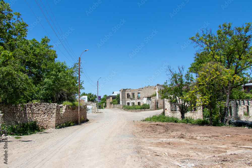 The city of Shusha after the Karabakh war. War destroyed houses and buildings