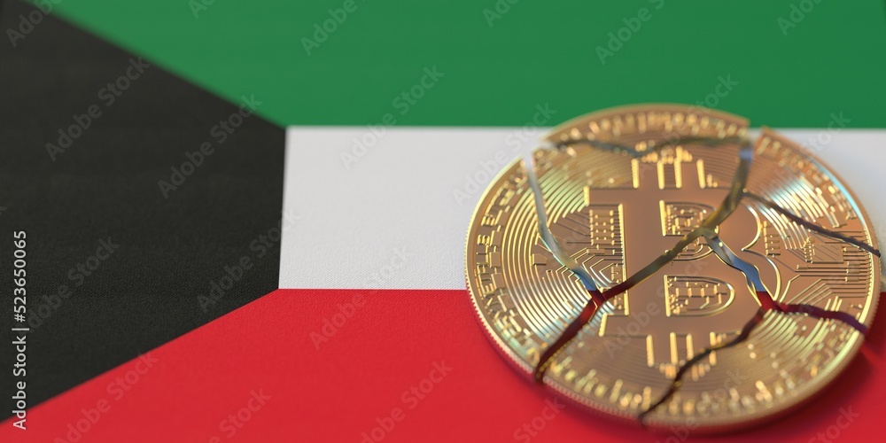Flag of Kuwait and broken bitcoin. Cryptocurrency ban or crypto legal issues concepts, 3d rendering Flag of Kuwait and broken bitcoin. Cryptocurrency ban or crypto legal issues concepts, 3d rendering