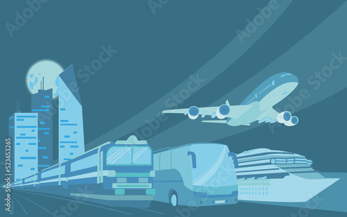 Vector illustration of passenger plane, cruise ship, train and passenger bus. Background on transport and transport. The city and the full moon in the background.
