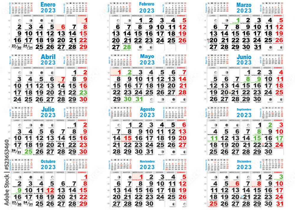Stockvector 2023 calendario santos lunas España Adobe Stock