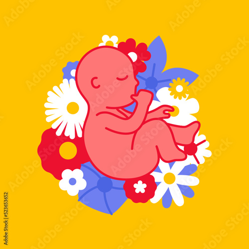 Cute newborn baby is lying in flowers vector illustration