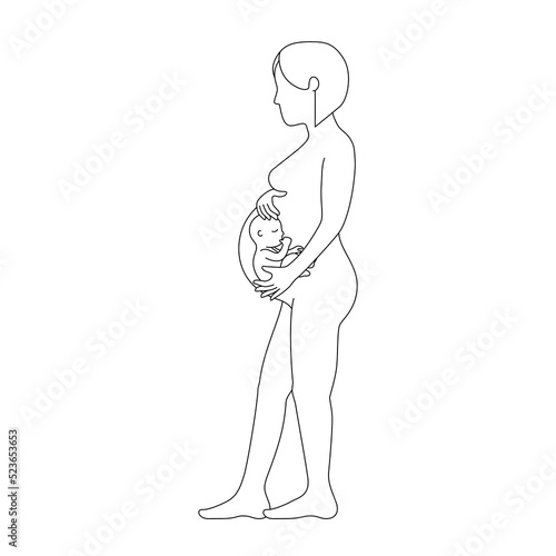 pregnant female with a baby in her belly outline style vector illustration