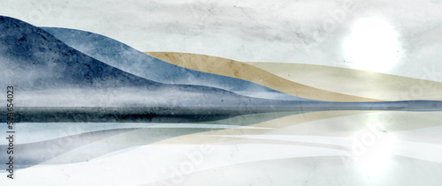 Abstract background with mountains and hills in a watercolor style. Landscape art banner for decoration design, print, wallpaper, interior design, packaging.