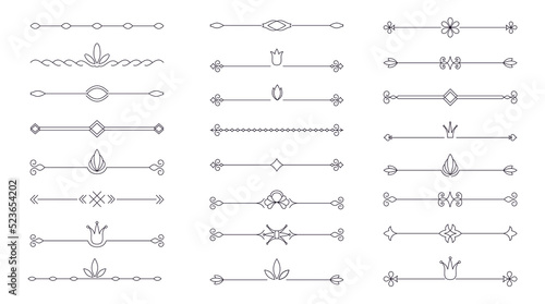 Dividers decor set. Collection of classic vintage separators. Vector black linear text dividers on a white background. Outlines label a set of border elements.
