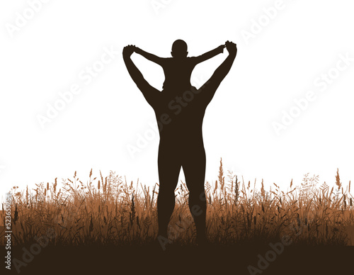 Father's Day. Silhouette of a father on his shoulders with his son in nature. Vector illustration
