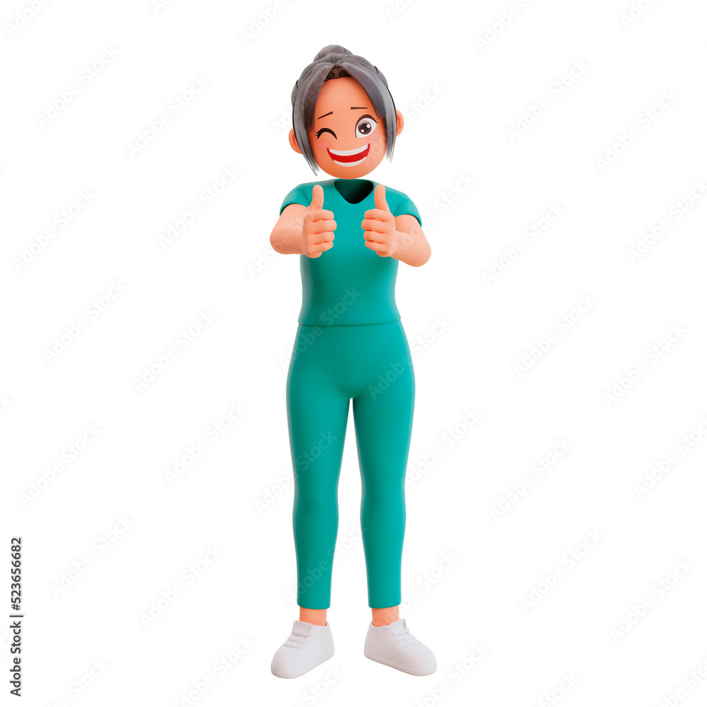 3d render cute nurse showing thumbs up 3d render cute nurse showing thumbs up