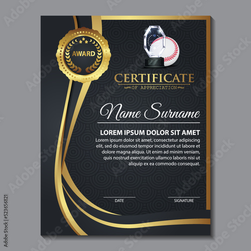 Baseball Certificate Design With Gold Cup Set Vector. baseball. Sports Award Template.