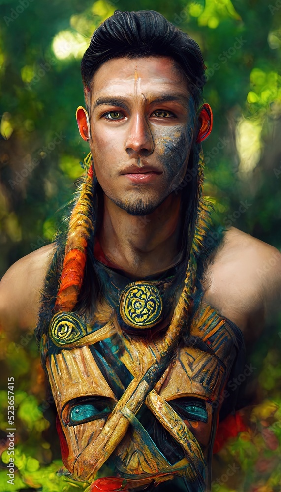 Portrait of an Aztec men against a background of nature. Aztecs in