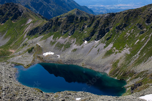Zadni Staw Polski lake in the valley of five lakes, the view from Zawrat mountain pass, Tatry, Poland