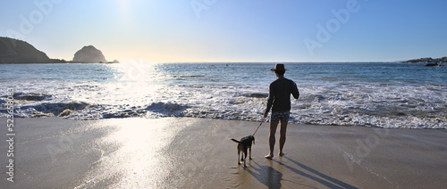 Male with a hat and beagle dog going to the water at the beach