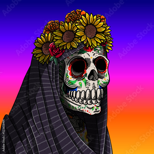 Calavera mexicana con personalidad única. inspirada en la Gran Catrina Mexicana.