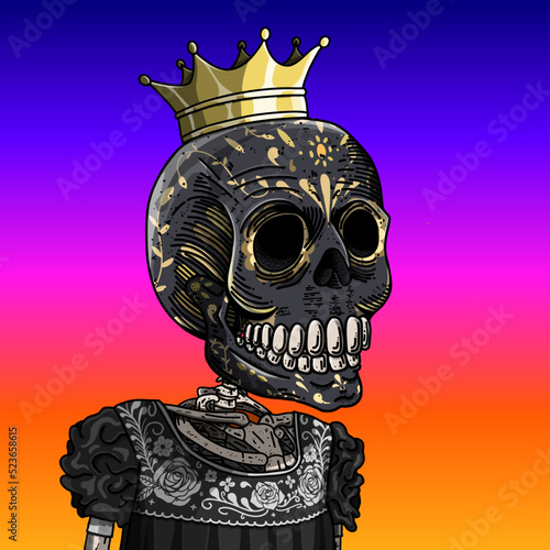 Calavera mexicana con personalidad única. inspirada en la reina oscura.