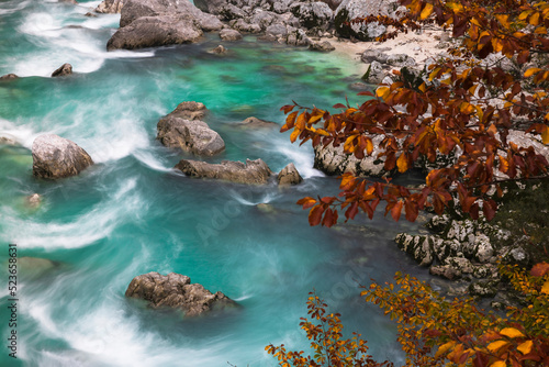 Beautiful Turquoise Coldred Soca River near Trnovo ob Soci Town in Slovenia Julian Alps