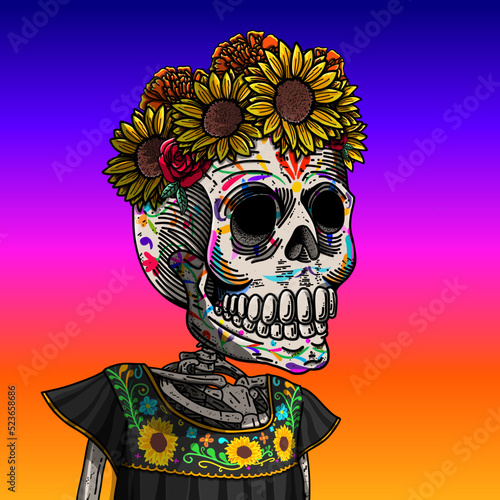Calavera mexicana con personalidad única. inspirada en la Catrina Mexicana.
