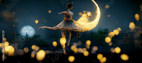 Foto a ballerina dancing with fireflies against the crescent Digital Art Illustration