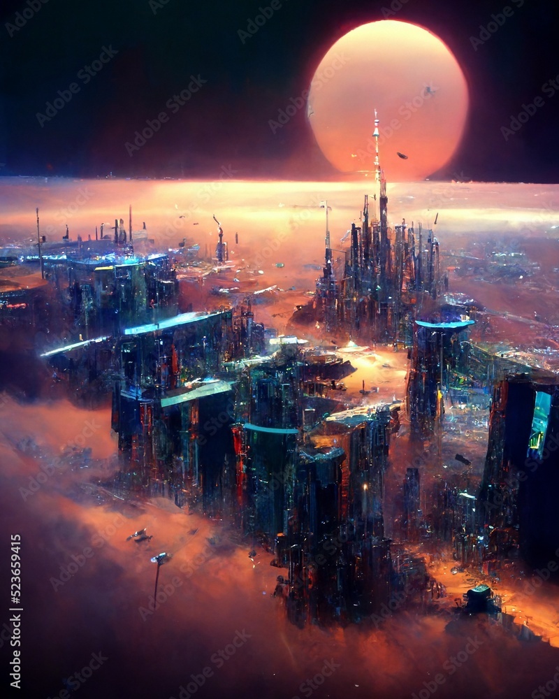 panorama of the futuristic city on alien planet, digital painting, concept illustration