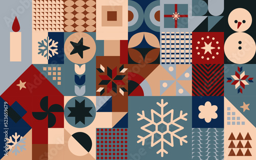 Wesołych Świąt! Geometryczna świąteczna kompozycja - mozaika z gwiazdkami i i płatkami śniegu na Boże Narodzenie. Powtarzający się wzór w stylu neo geo do zastosowania jako tło do projektów.