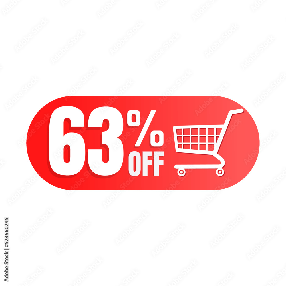 63% off, shopping cart icon, Super discount sale, design in 3D red vector illustration. Sixty three 63% off, shopping cart icon, Super discount sale, design in 3D red vector illustration. Sixty three