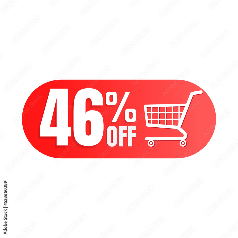 46% off, shopping cart icon, Super discount sale, design in 3D red vector illustration. Forty six 46% off, shopping cart icon, Super discount sale, design in 3D red vector illustration. Forty six