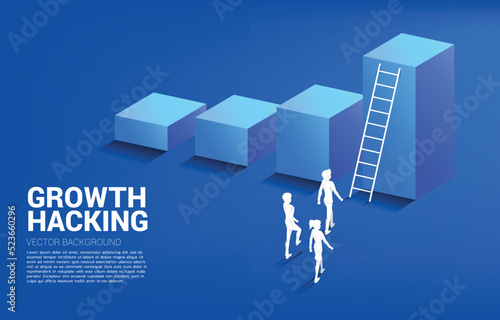 silhouette of businessman and businesswoman ready to move up on bar graph with ladder. Concept of vision mission and goal of business