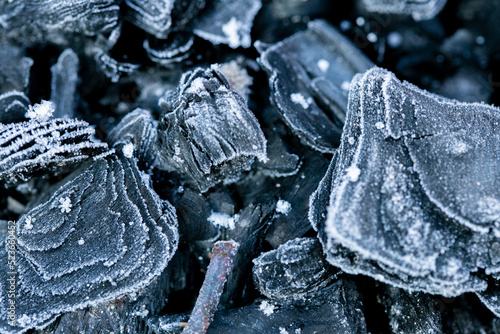 Charcoal in frost background. Frozen coal texture.Heating season.First frosts and colds concept.coal in hoarfrost close-up