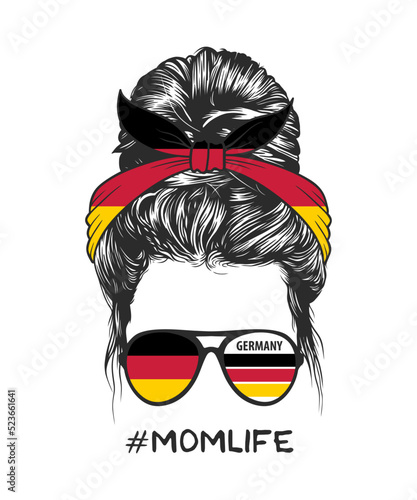 Messy bun hairstyle with German flag headband and glasses, vector illustration