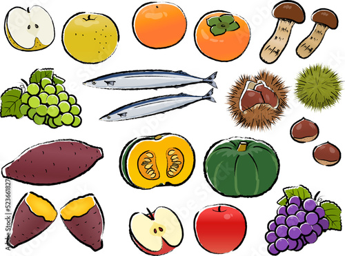 秋の味覚セット_筆書き_ベクターイラスト