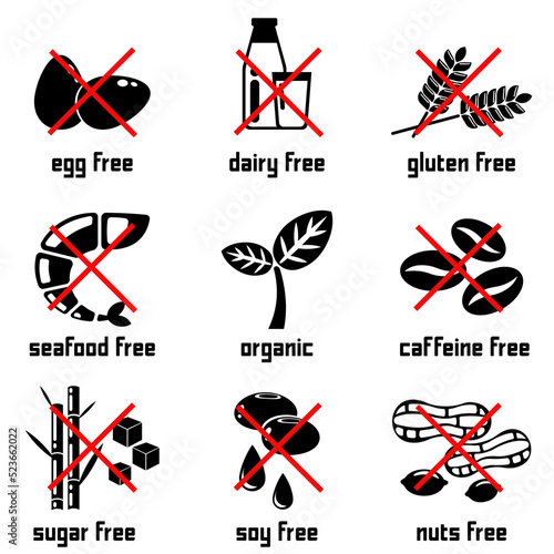 Allergenic food black and white icon set. Flat design illustration of egg, milk, wheat, shrimp, plant, coffee bean, sugar cane, soybean oil and peanut.
