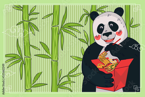 Chinese cuisine noodle box banner concept. China panda eating with chopsticks national meal wok in red cardboard package in bamboo thickets. Asian food poster. Oriental cafe or restaurant advertising
