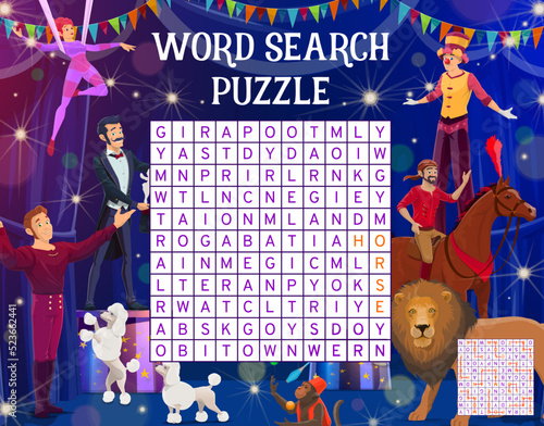 Cartoon shapito circus acrobats and animals, word search puzzle game, vector worksheet. Kids quiz grid or education riddle to search word of circus clown, magician illusionist and gymnast acrobat