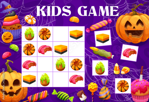 Sudoku kids game with Halloween holiday pumpkins, sweets and candies on cobweb background. Vector puzzle worksheet of children education with cartoon trick or treat food, riddle with cakes, lollipops