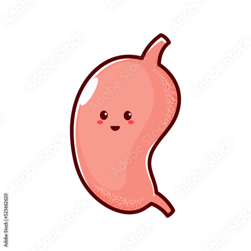 Stomach digestive tract and enzyme system funny cartoon character emoticon. Vector gastroenterologist emblem, abdomen digestion internal human organ