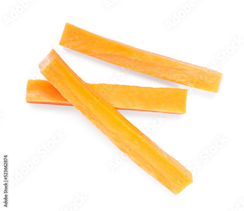 Delicious carrot sticks isolated on white, top view