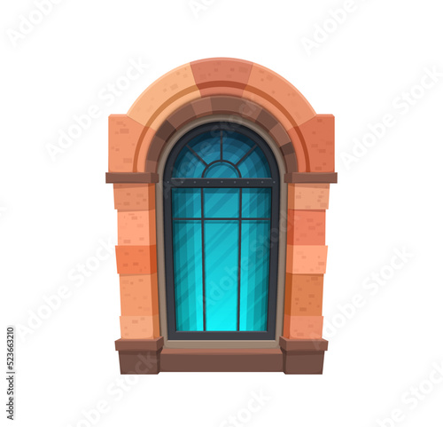 Cartoon arabic and medieval window of castle. Ancient temple or cathedral exterior window with red sandstone arch and forged metal frame. Medieval arabic castle isolated vector window