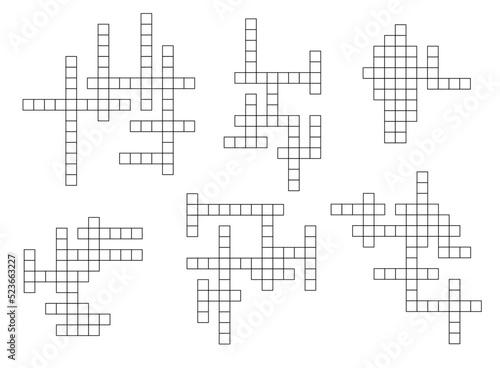 Crossword game grid. Educational riddle or text quiz. Vocabular game or word searching playing activity, crossword intellectual quiz grids vector templates set