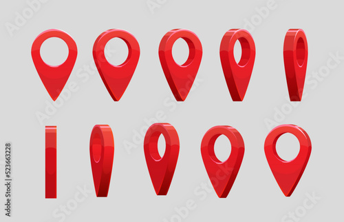 3d locator pin animated game or travel map sprite. Vector rotation of red point for animation, ui graphic object for application. Destination, navigation or direction sign, geolocation position symbol