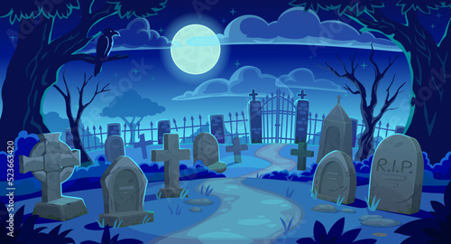 Cemetery landscape, graveyard tombstones background, vector Halloween horror night. Cartoon cemetery landscape with scary tombstones and spooky moon, RIP gravestones and creepy dark graves