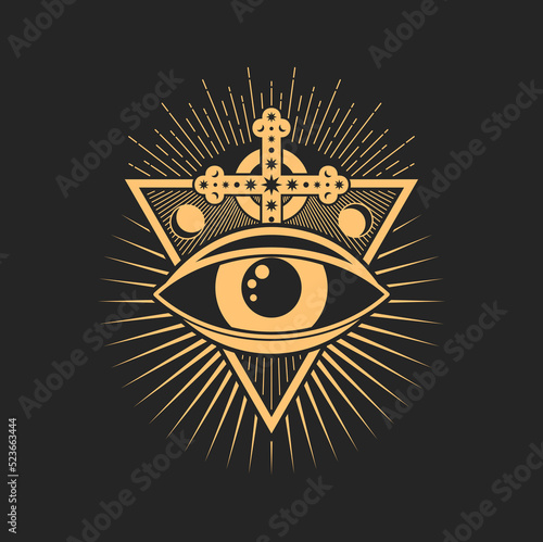 Prediction eye, tattoo occult and esoteric symbol. Vector tarot magic symbol, ancient Egypt amulet with cross. Vector occultism vision sign, tribal eye