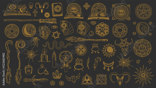 Witchcraft, alchemy and magic symbols. Satan pentagram, magic mason sign and lucifer star esoteric seal, mystical halloween vector tattoo with book, witch broom, tarot card and cobweb, snake, cauldron