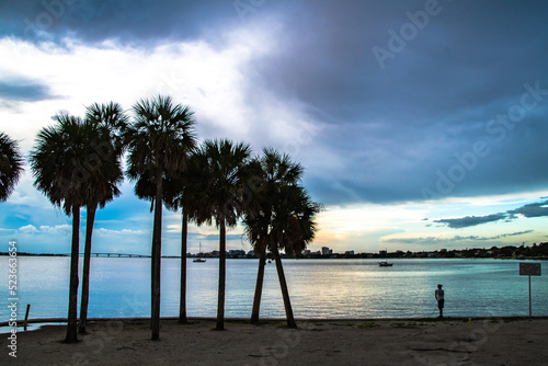 Palm trees as dusk over Sarasota Bay. View of Sarasota Bay near Siesta Key Beach at sunset with view of road bridge disappearing into the distance. Colorful sky at dusk over the water. photo