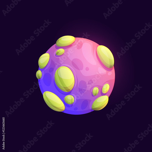 Galaxy space planet with volcano, mountain craters. Fantasy galaxy planet or fantastic alien world. Game user interface cartoon vector icon, violet moon satellite with yellow outgrowth