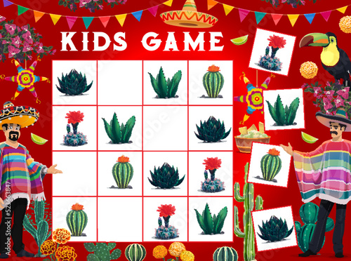Sudoku game worksheet with Mexican cactuses, men in sombrero and poncho, vector pinata and animals. Kids sudoku riddle game with cartoon funny Mexican nachos, toucan and marigold flowers