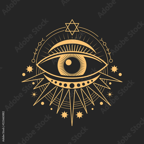 Mason and magic tarot sacred talisman, occultism icon, star and pentagram star. Vector magic tarot sign, eye occult and esoteric symbol, pentagram star