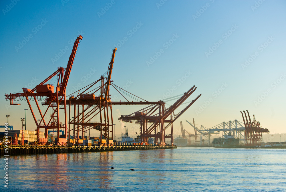 Shipping cargo cranes at a port at sunset with blue skies. 