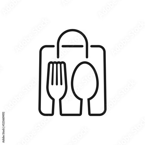 Take away food. Spoon and fork on paper bag icon design isolated on white background. Vector illustration
