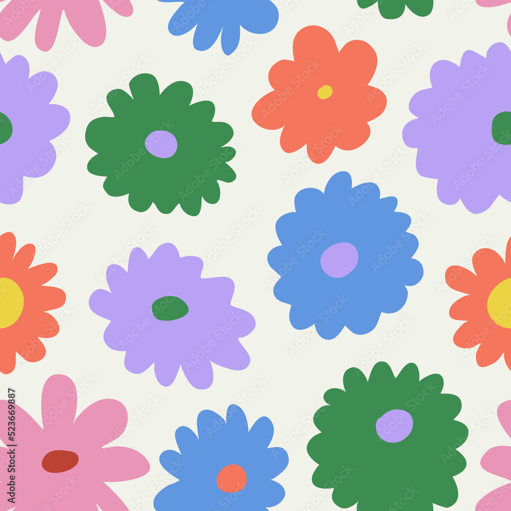 Trendy floral seamless pattern illustration. Vintage 70s style hippie flower background design. Colorful pastel color groovy artwork, y2k nature backdrop with daisy flowers.